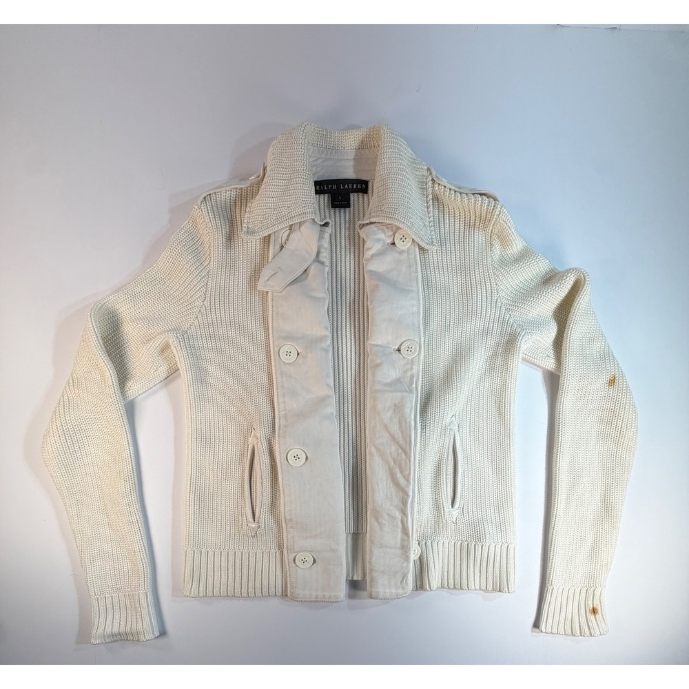 Ralph Lauren Cream Mercerized Cotton Leather Trim Knit Cardigan Sweater Large